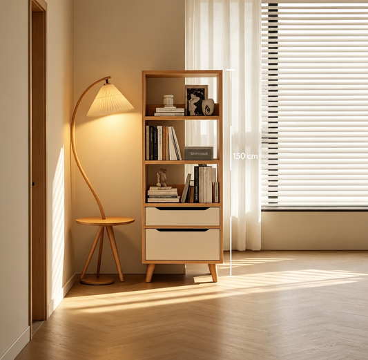 Organizador Vertical con Cajones y Estantes – Madera y Blanco