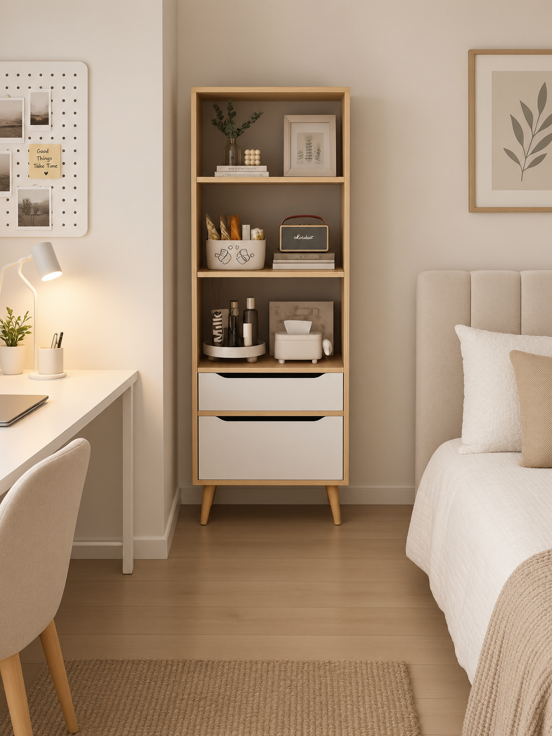 Organizador Vertical con Cajones y Estantes – Madera y Blanco